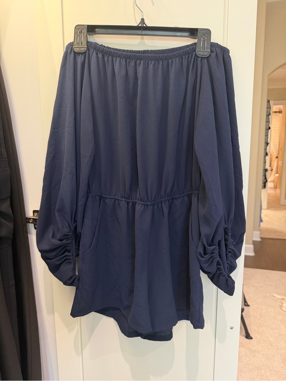 Navy Off-Shoulder Romper with Balloon Sleeves